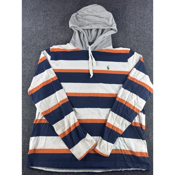 Polo Ralph Lauren Striped Hoodie Mens M Blue Orange White Pony - Picture 2 of 8